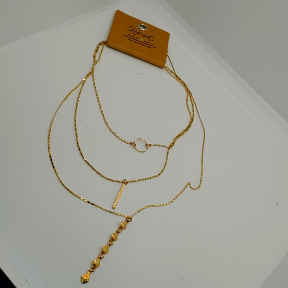 Kismet Gold Plated 3 Layered Lariat Dangle Necklace with Bar and Ring Pendants